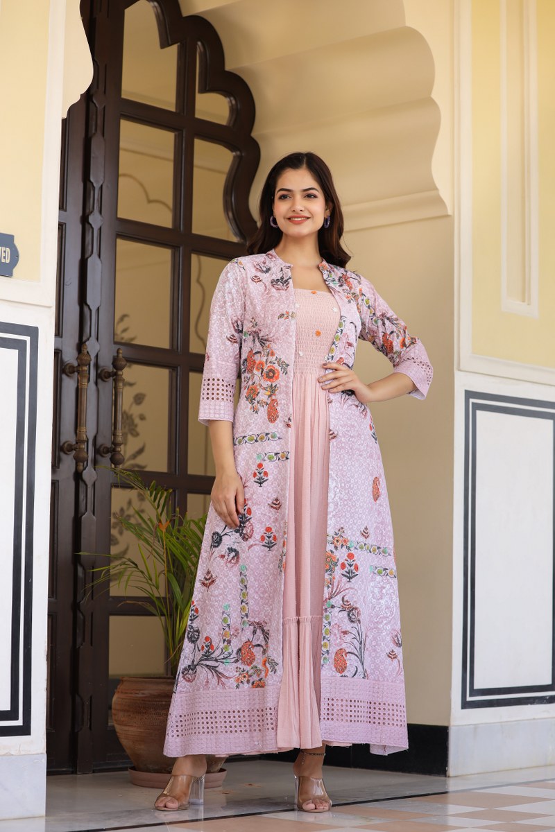 Elegant Long Gown with Embroidered Shrug