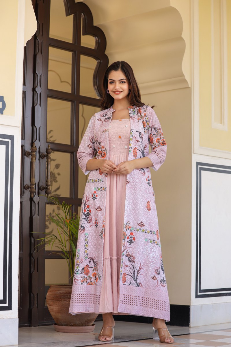 Elegant Long Gown with Embroidered Shrug