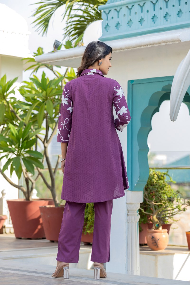 Vibrant Purple Floral Embroidered Tunic and Trouser Set