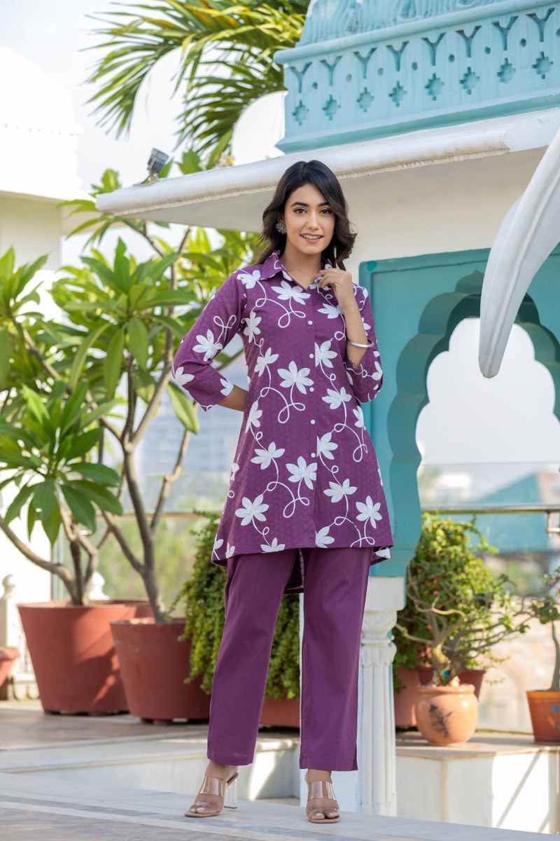 Vibrant Purple Floral Embroidered Tunic and Trouser Set