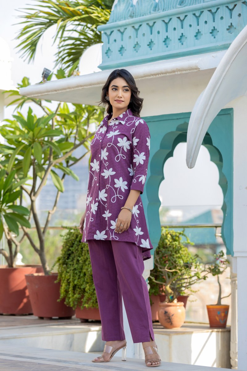 Vibrant Purple Floral Embroidered Tunic and Trouser Set