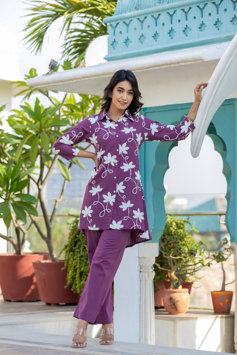 Vibrant Purple Floral Embroidered Tunic and Trouser Set