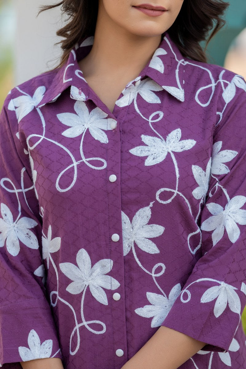 Vibrant Purple Floral Embroidered Tunic and Trouser Set