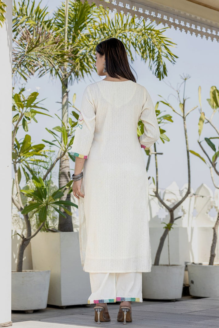 Women White Cotton Embroidered 3 Piece Kurta Set