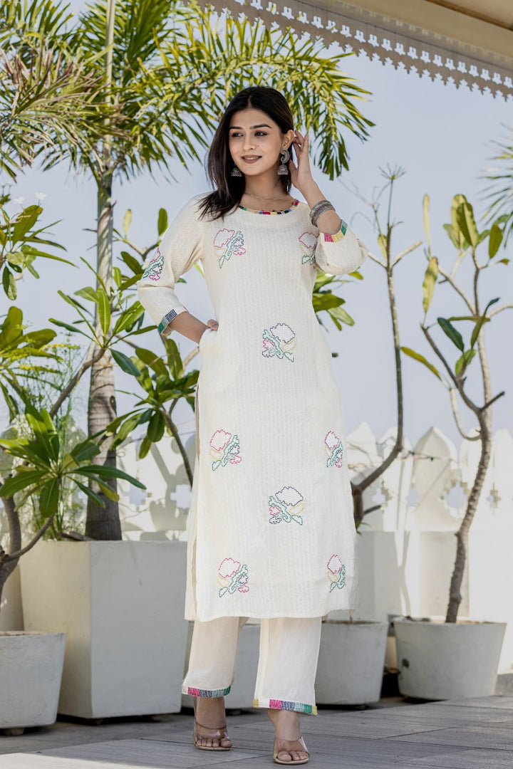 Women White Cotton Embroidered 3 Piece Kurta Set