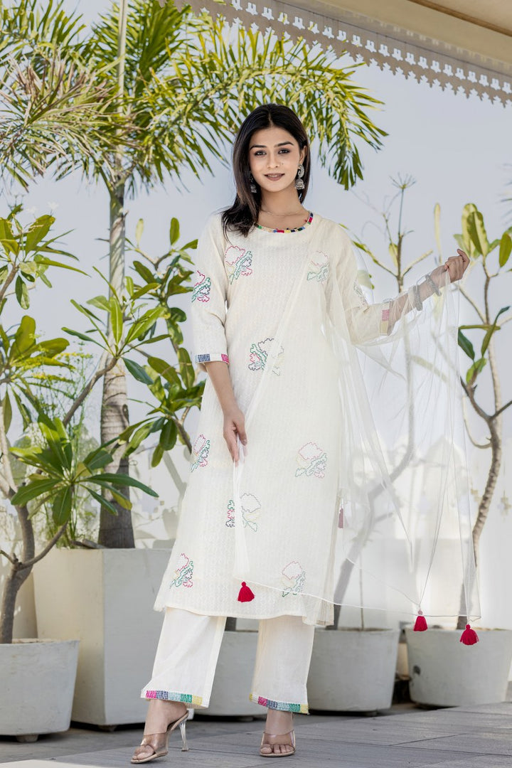 Women White Cotton Embroidered 3 Piece Kurta Set
