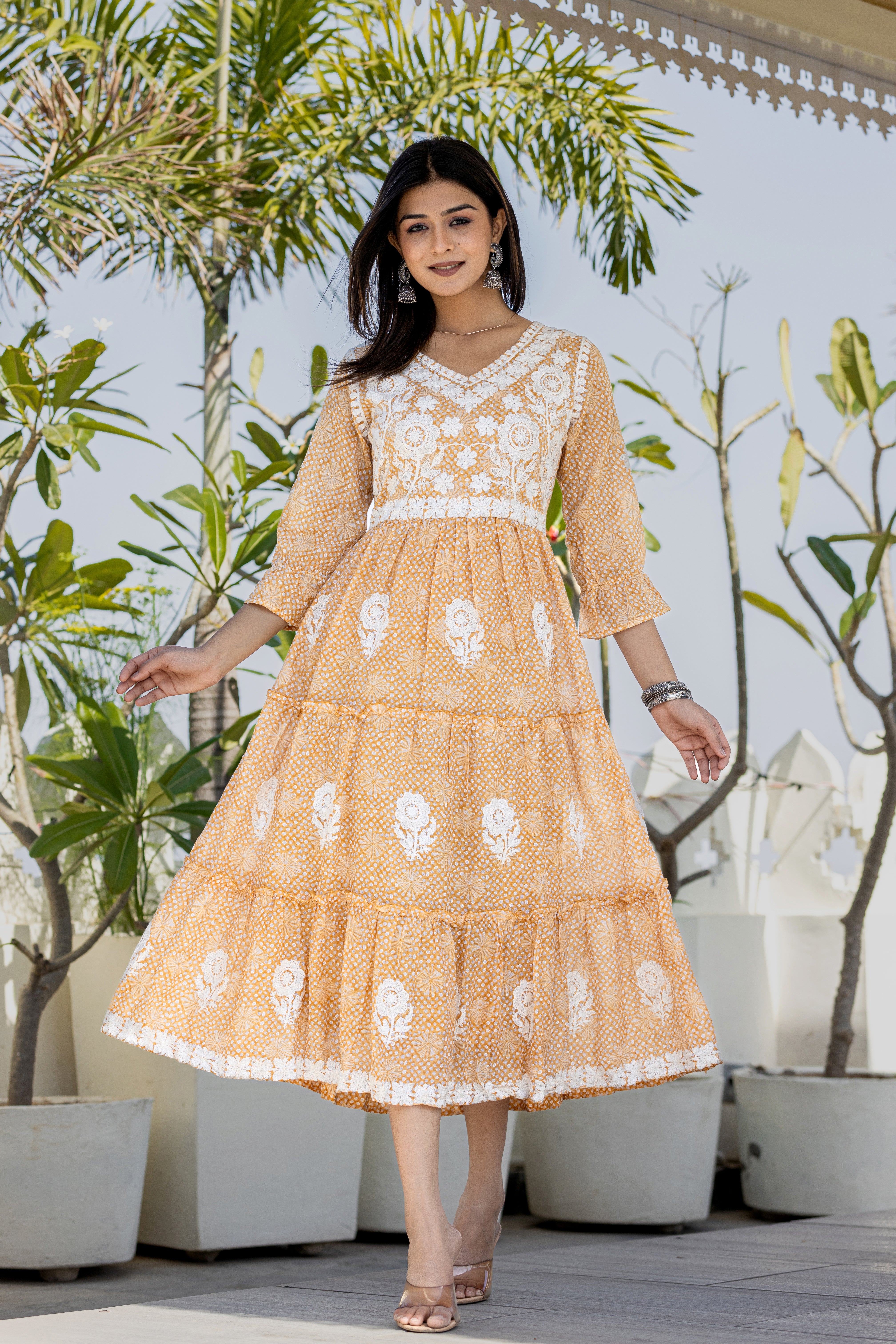 Flared Cotton Embroidered Maxi Dress