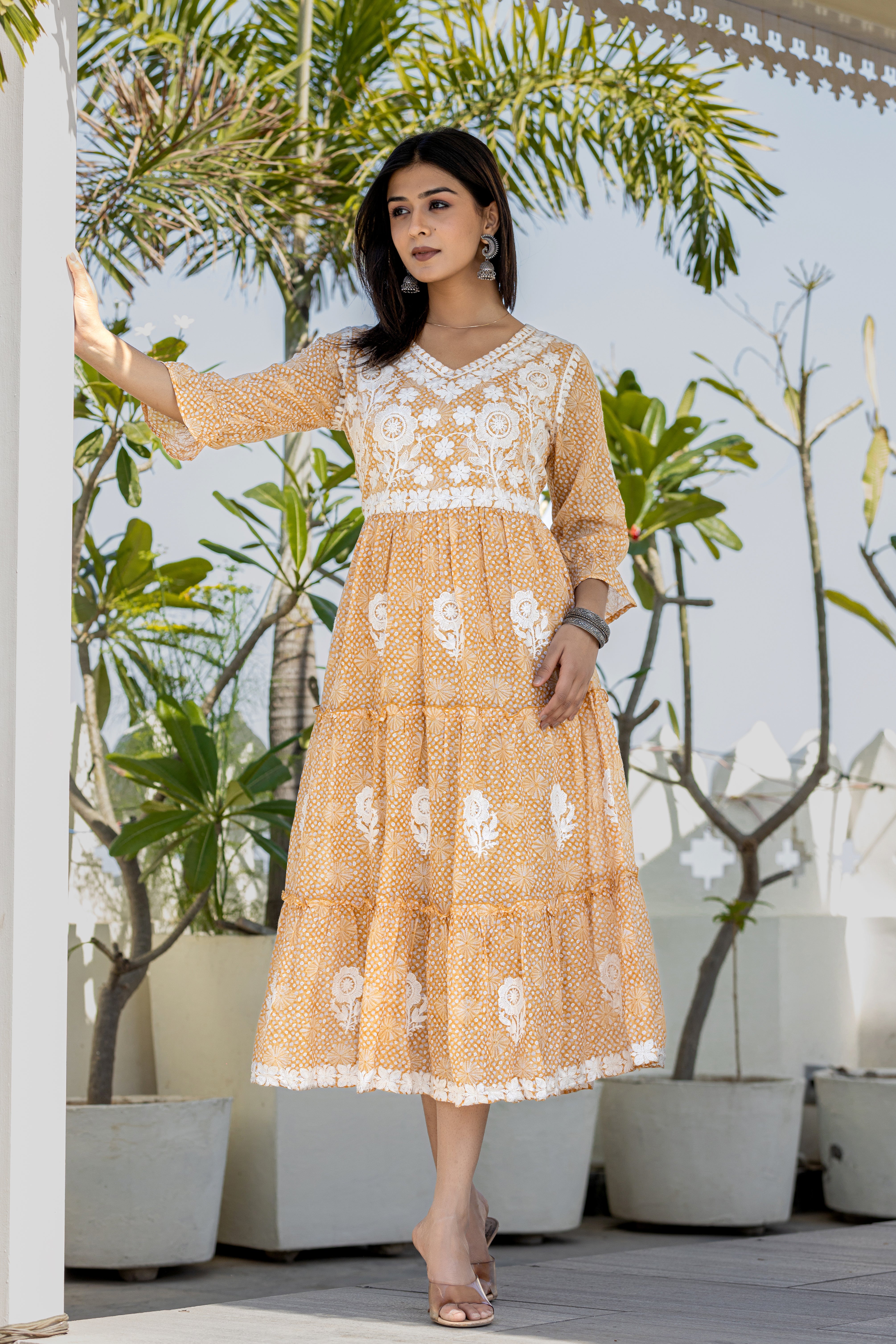 Flared Cotton Embroidered Maxi Dress