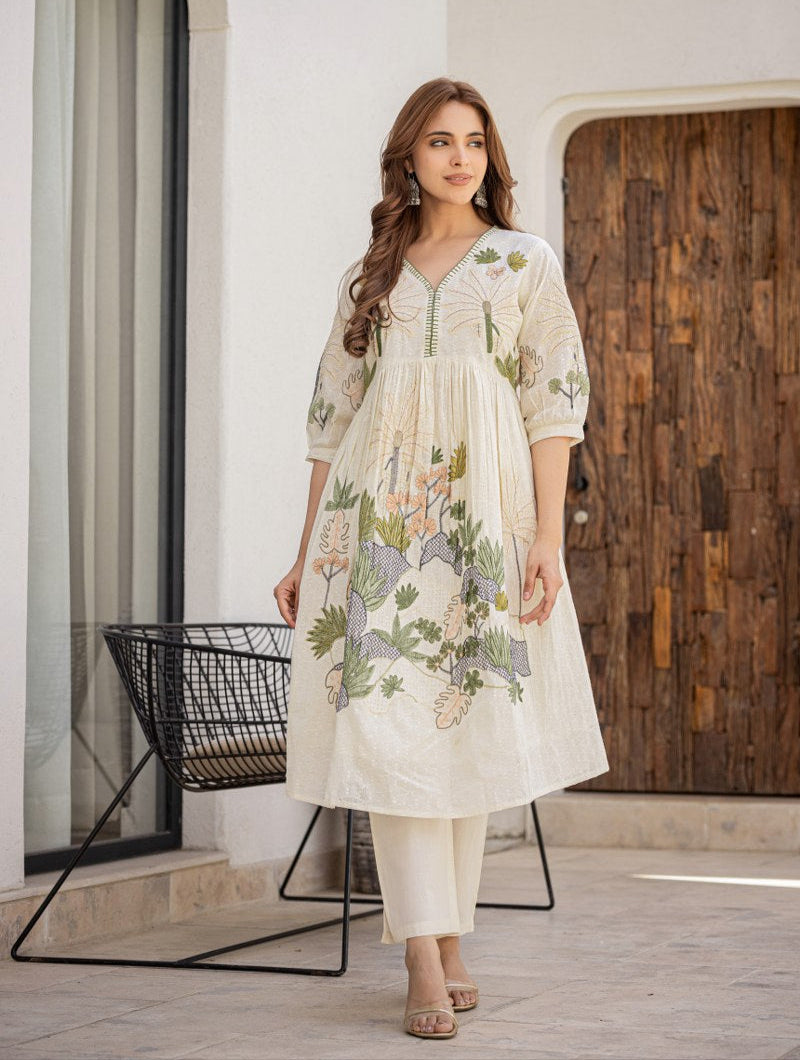 Flared Cotton Co-ord Set with Intricate Embroidery