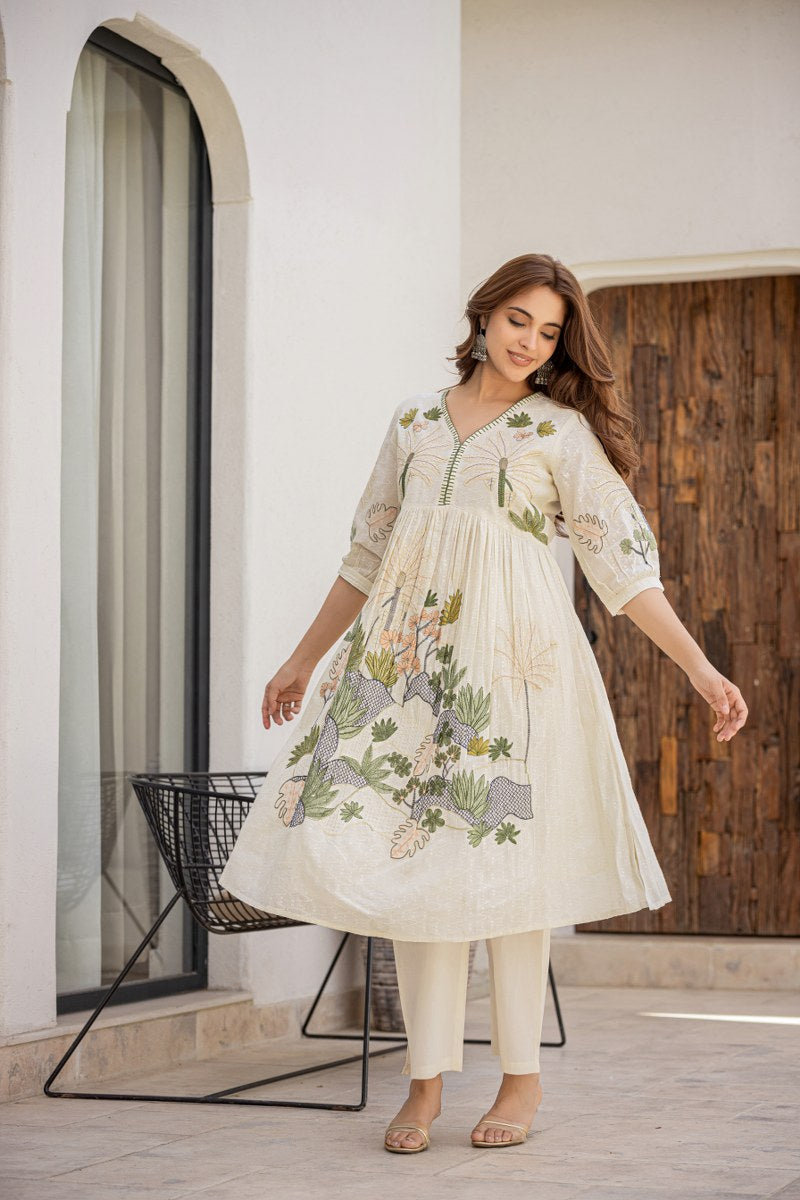 Flared Cotton Co-ord Set with Intricate Embroidery