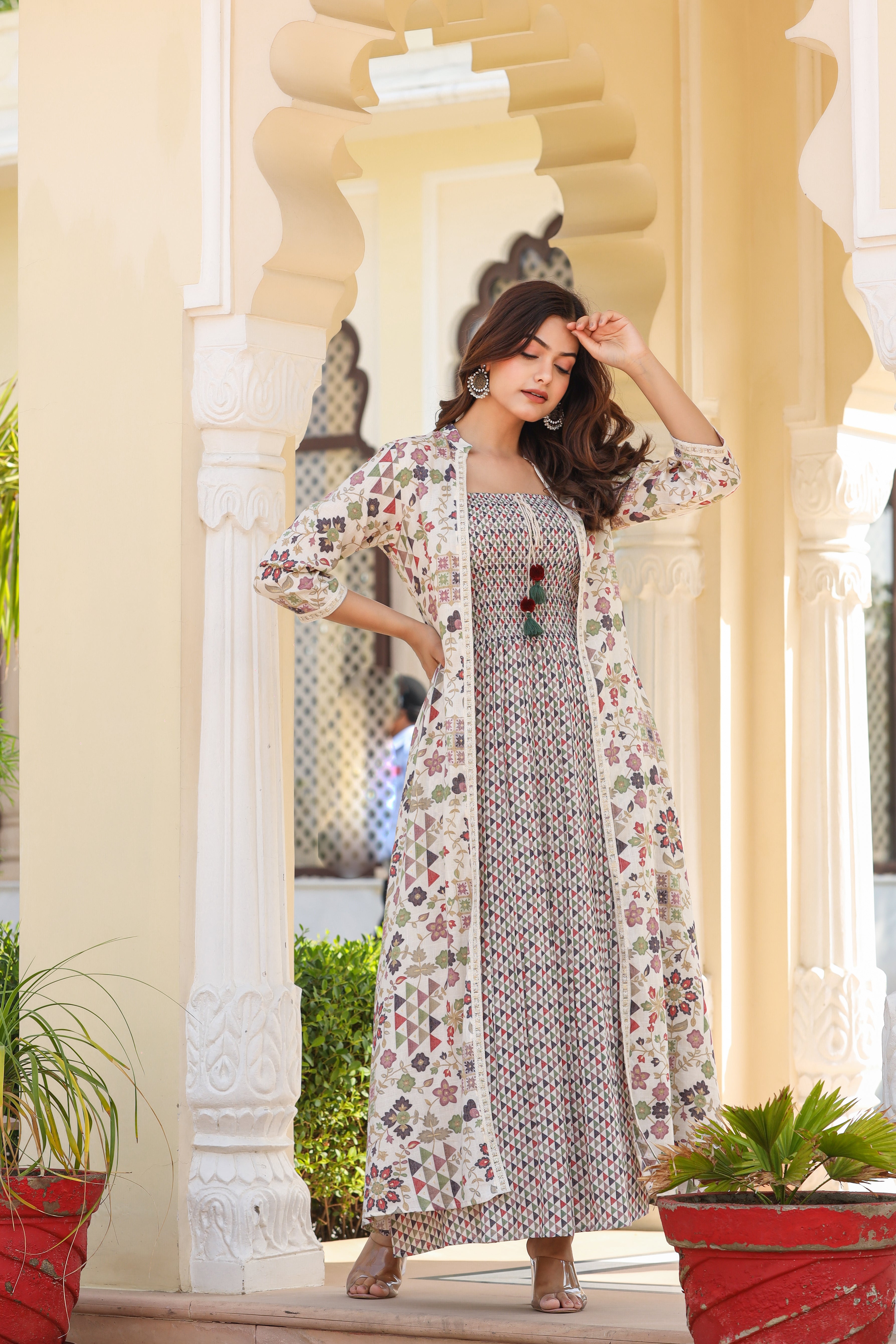 Versatile Printed Maxi Dress with a Stylish Shrug