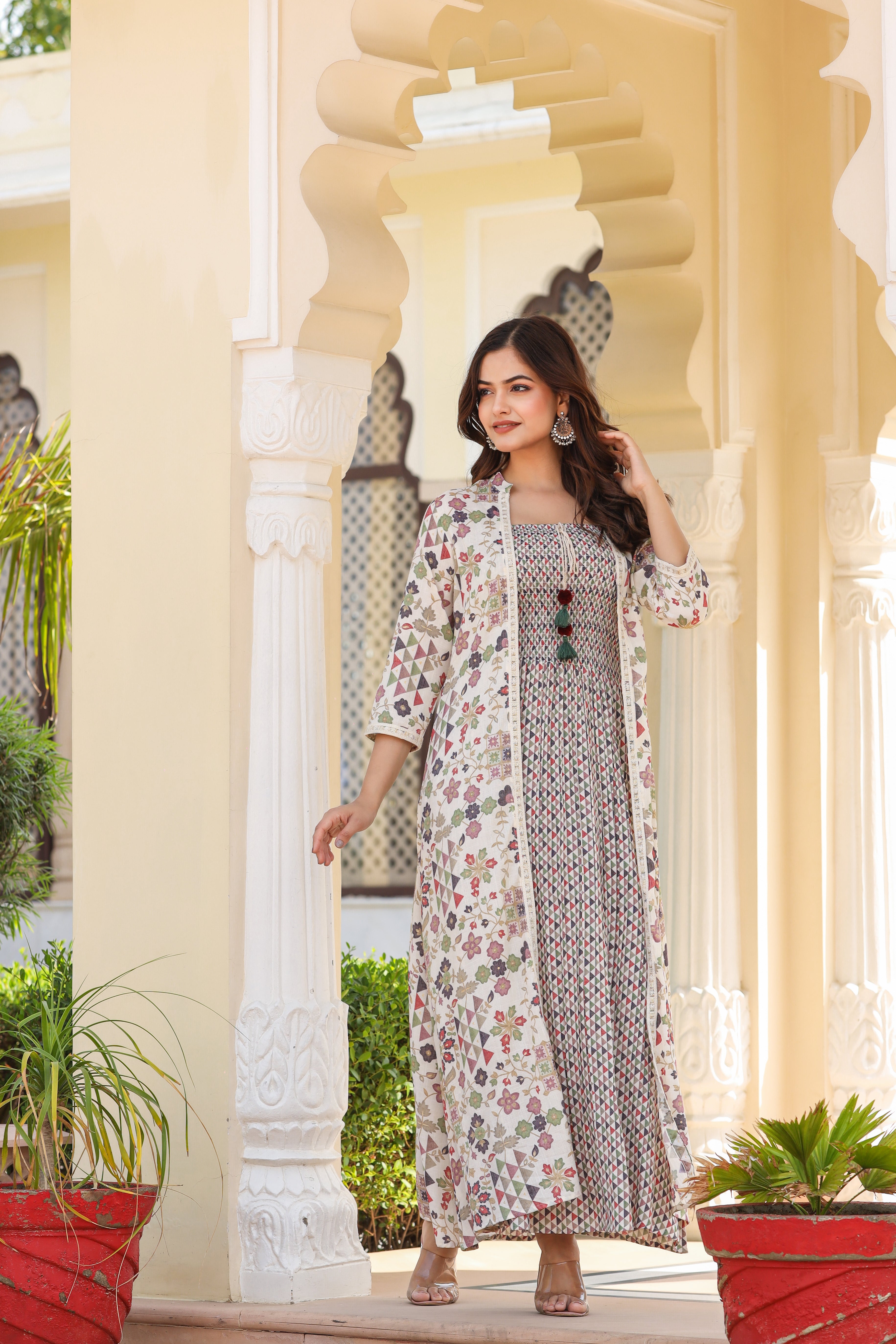 Versatile Printed Maxi Dress with a Stylish Shrug