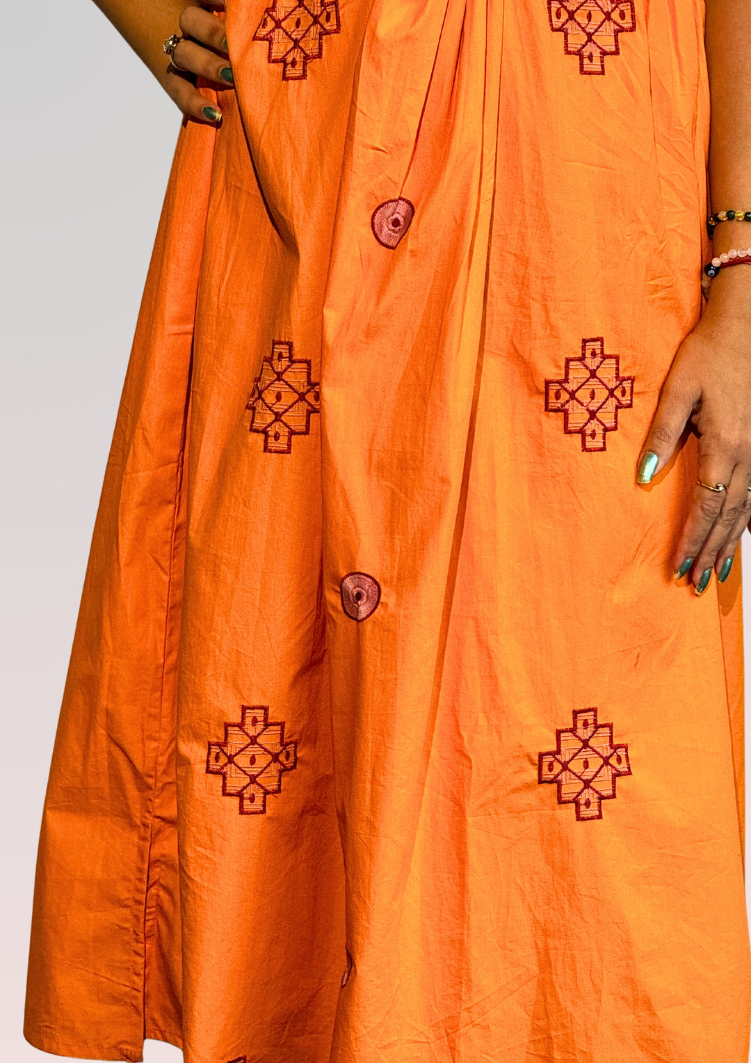 WOMEN ORANGE COTTON EMBROIDERED A-LINE DRESS