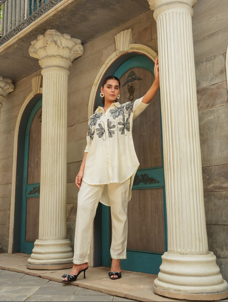 Women 2 Piece Embroidered Off White Co-Ord