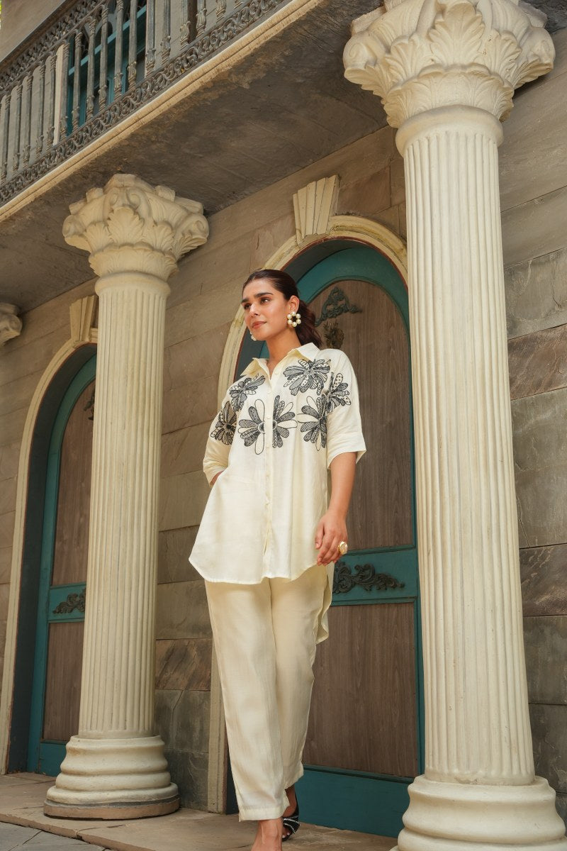 Women 2 Piece Embroidered Off White Co-Ord