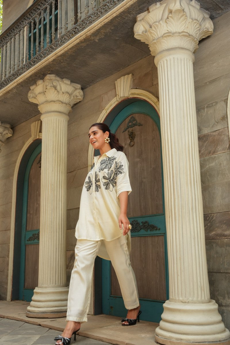 Women 2 Piece Embroidered Off White Co-Ord