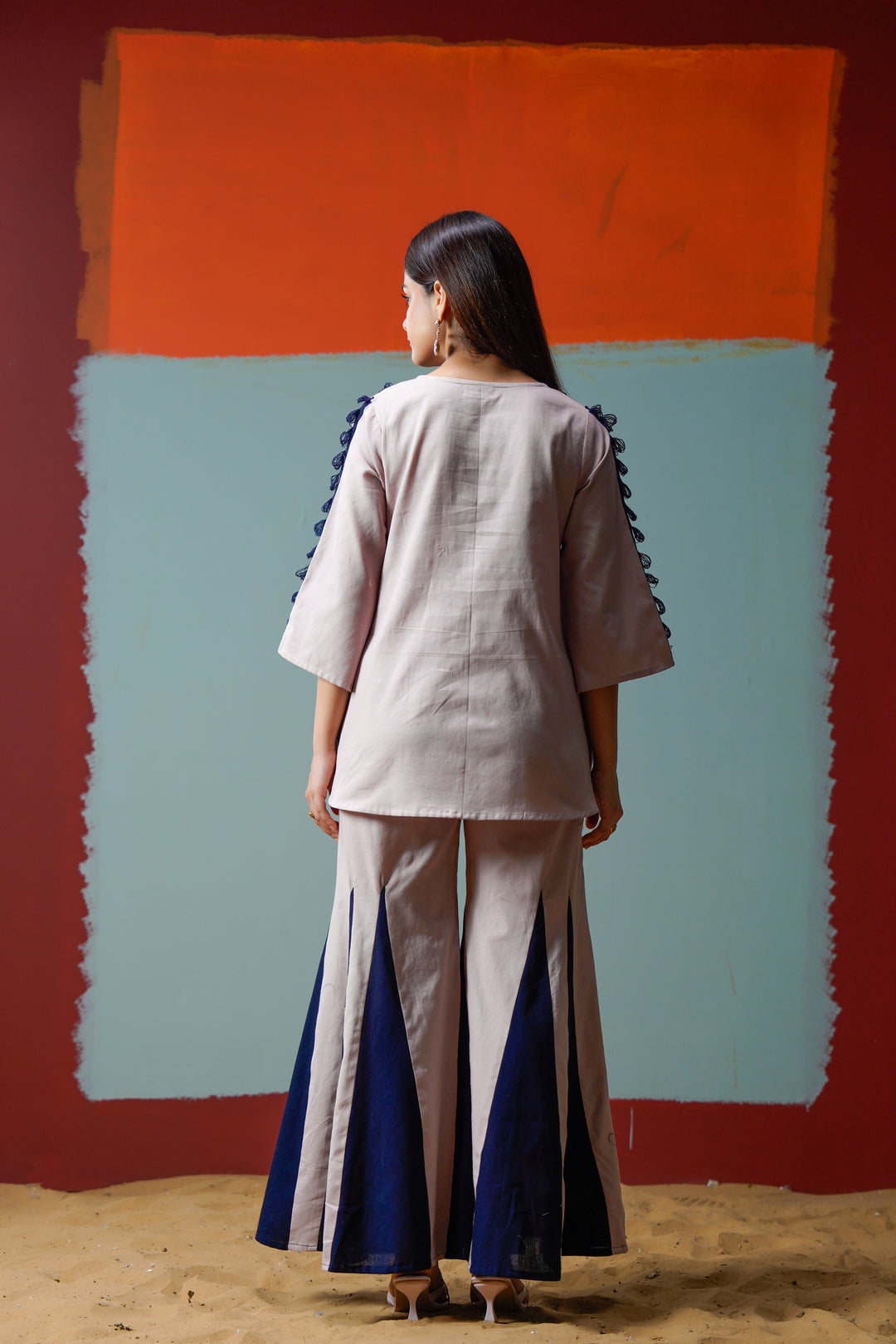 Cotton Pink& Navy Blue Embroidered Top with Flared Women Co-ord set