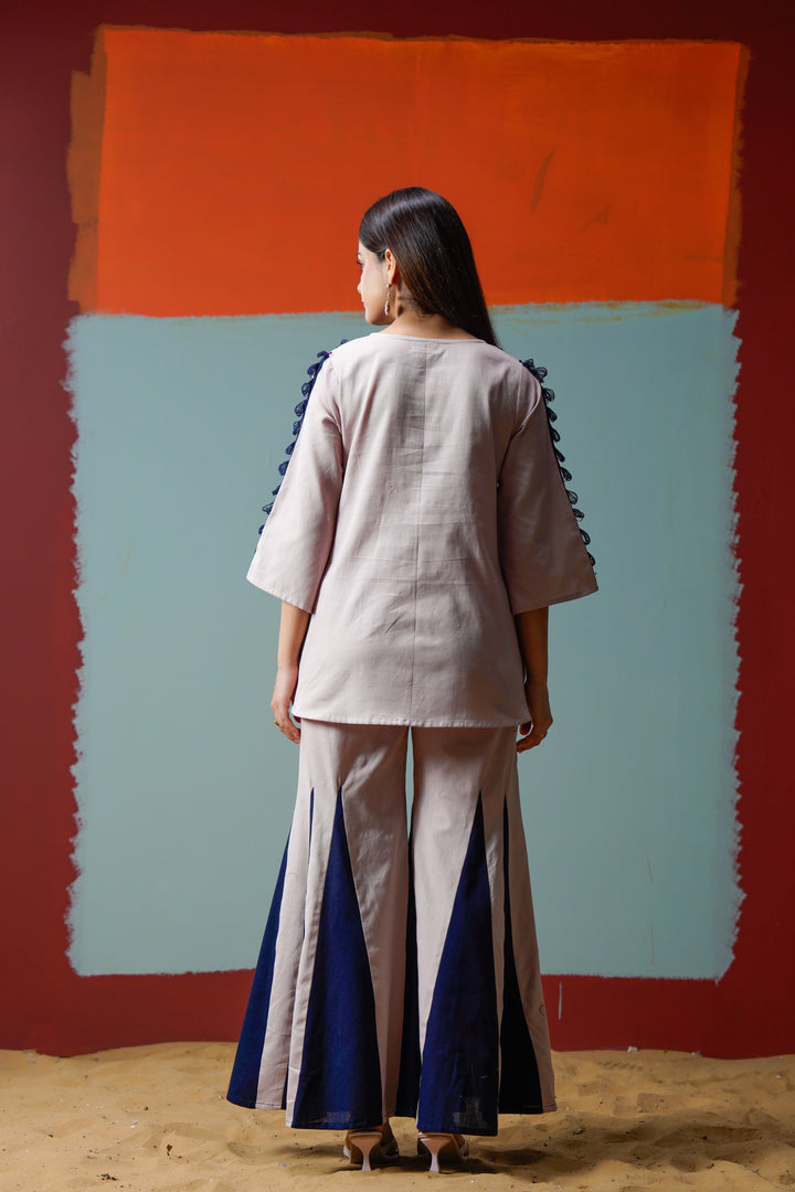 Cotton Pink& Navy Blue Embroidered Top with Flared Women Co-ord set