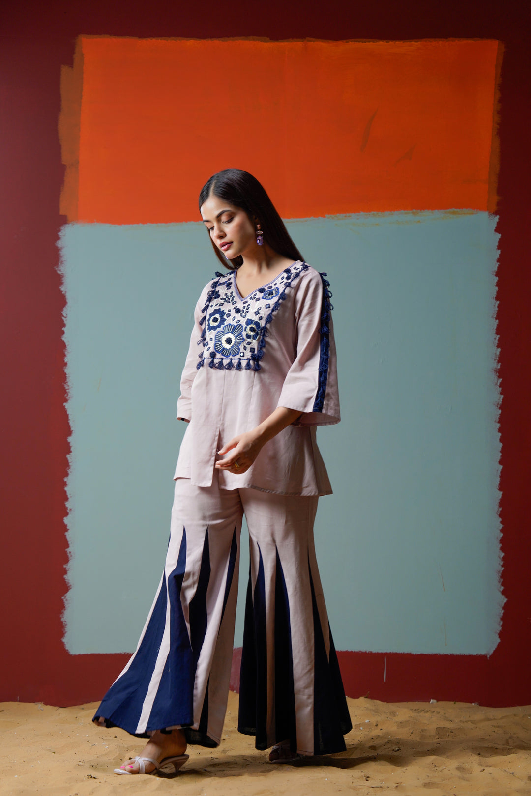 Cotton Pink& Navy Blue Embroidered Top with Flared Women Co-ord set