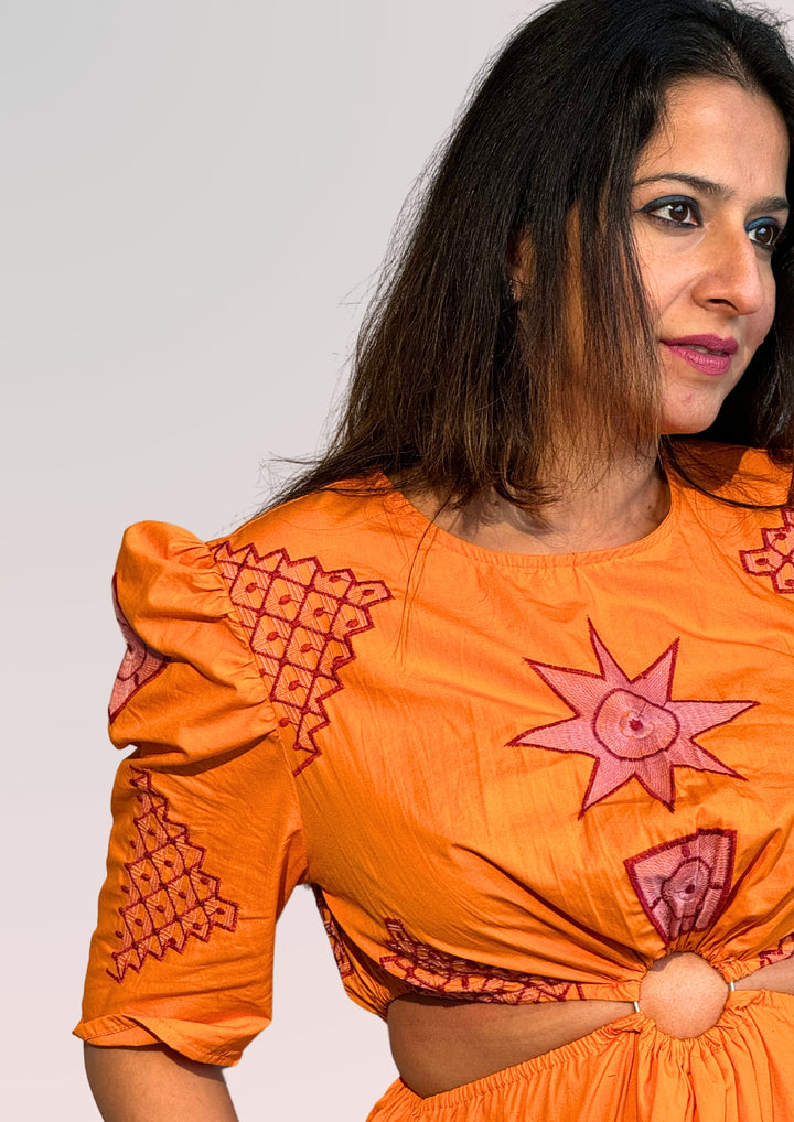 WOMEN ORANGE COTTON EMBROIDERED A-LINE DRESS