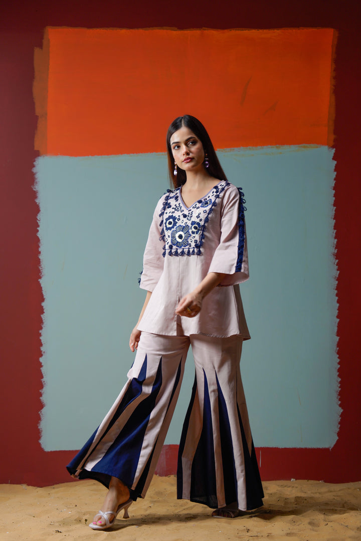Cotton Pink& Navy Blue Embroidered Top with Flared Women Co-ord set