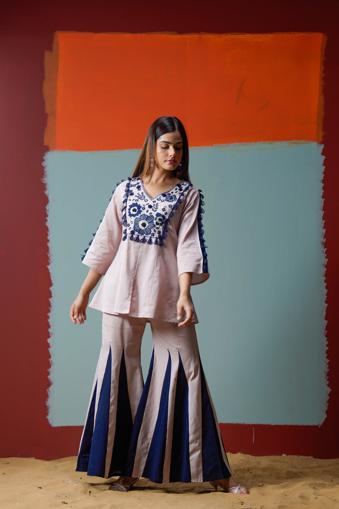 Cotton Pink& Navy Blue Embroidered Top with Flared Women Co-ord set