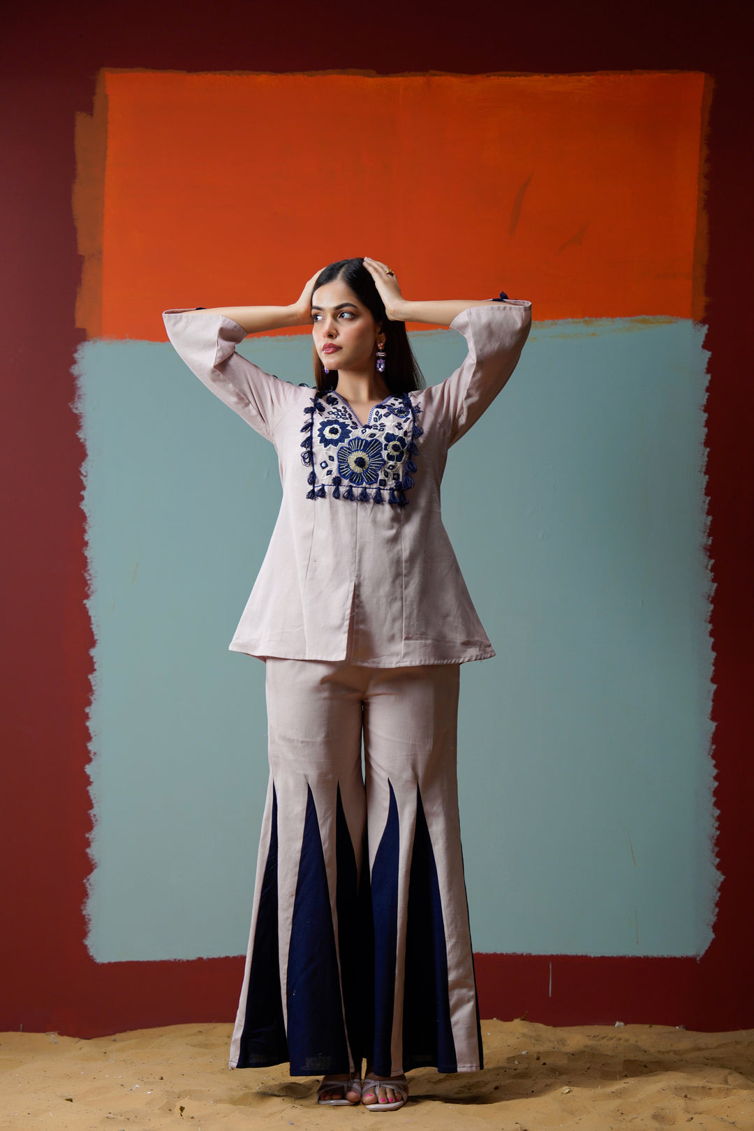 Cotton Pink& Navy Blue Embroidered Top with Flared Women Co-ord set