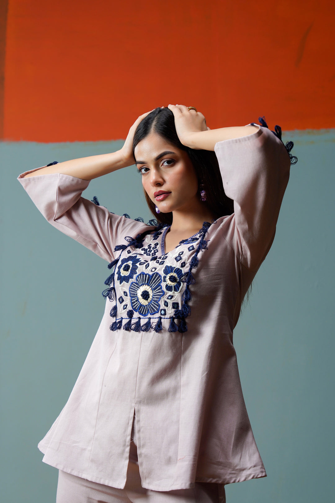 Cotton Pink& Navy Blue Embroidered Top with Flared Women Co-ord set