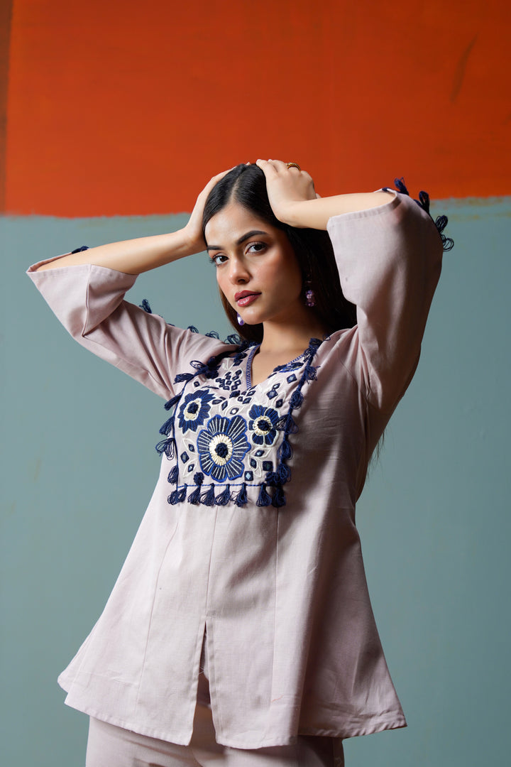 Cotton Pink& Navy Blue Embroidered Top with Flared Women Co-ord set