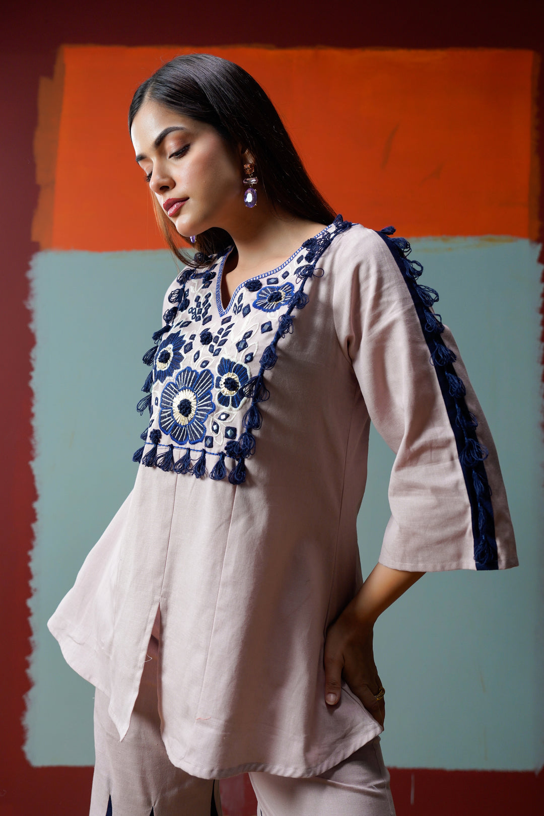 Cotton Pink& Navy Blue Embroidered Top with Flared Women Co-ord set