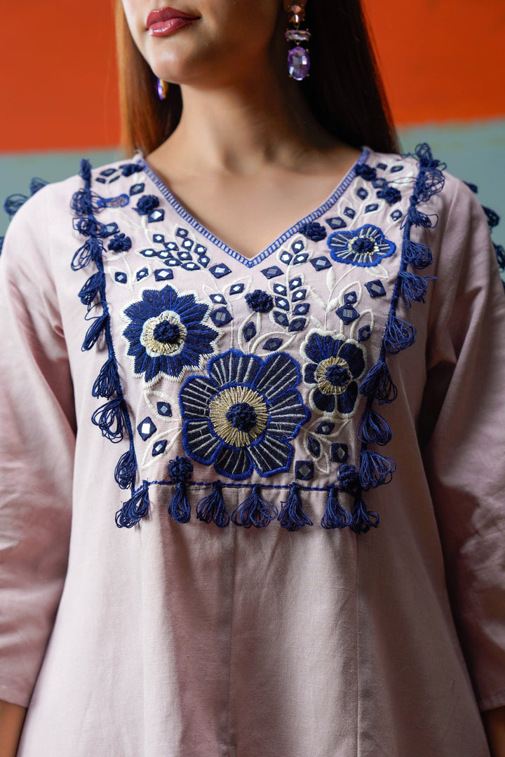 Cotton Pink& Navy Blue Embroidered Top with Flared Women Co-ord set