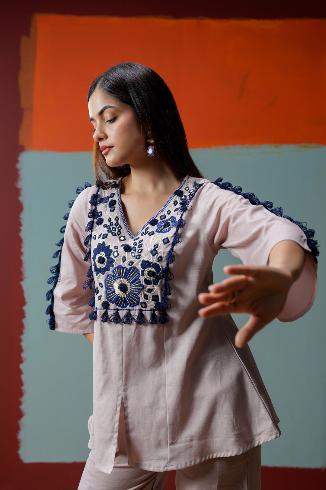 Cotton Pink& Navy Blue Embroidered Top with Flared Women Co-ord set