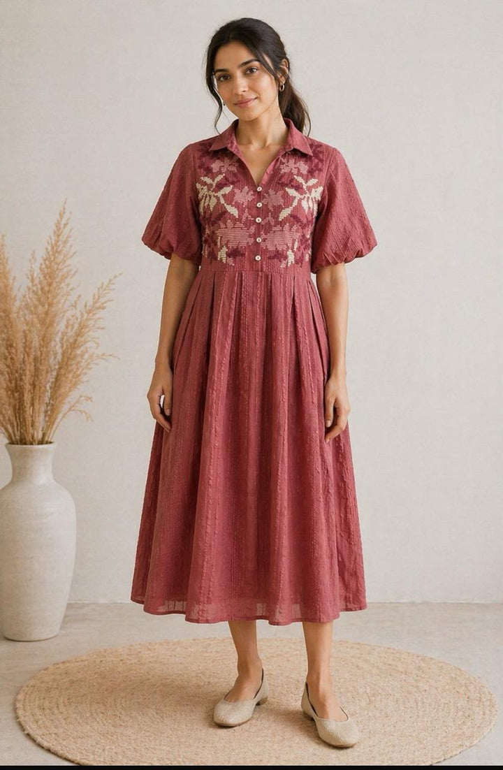 Custard Women's Light Maroon Cotton Embroidered Midi Dress