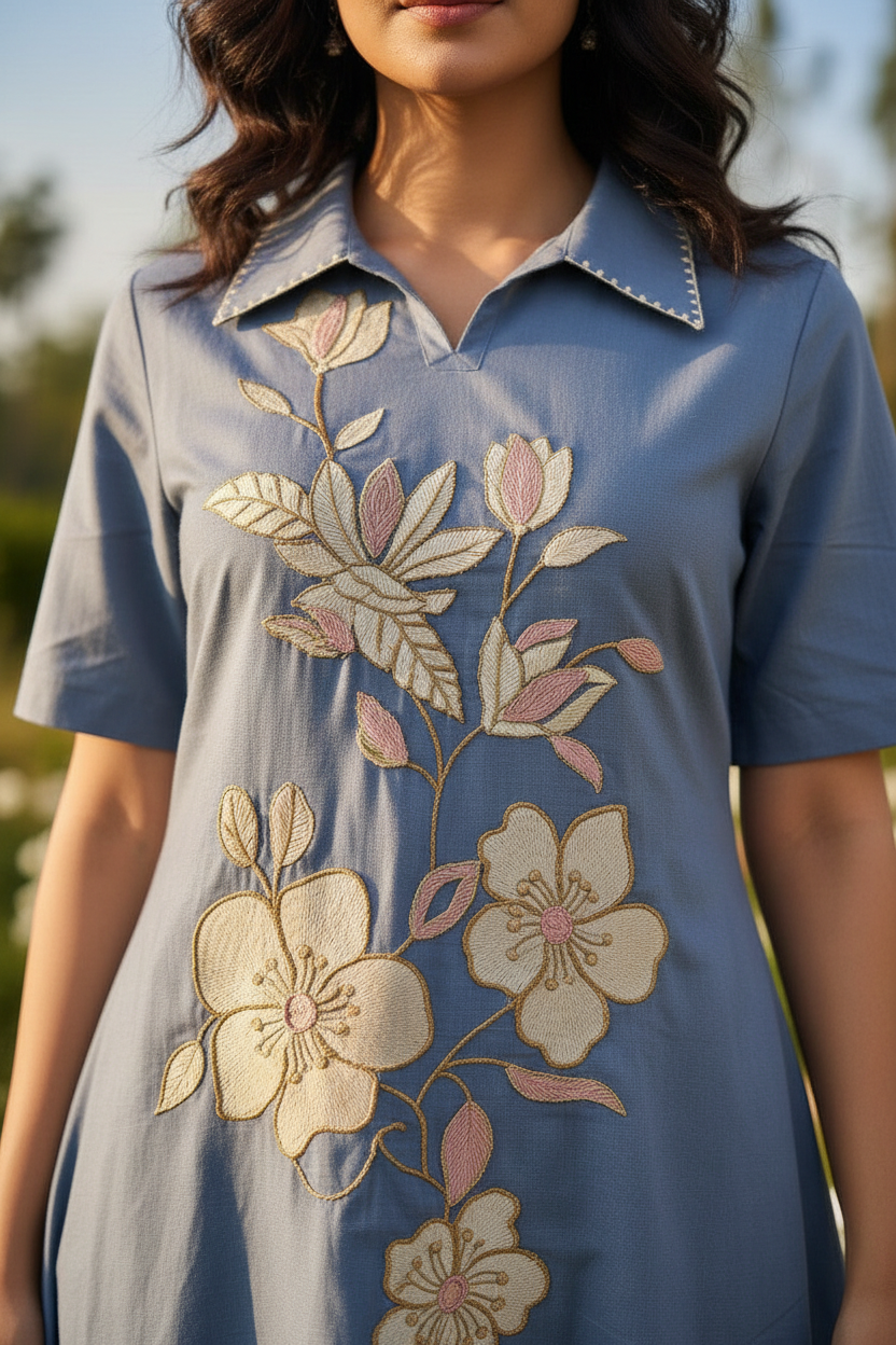 Custard Charm Blue Floral Embroidered Cotton  Kurta Set