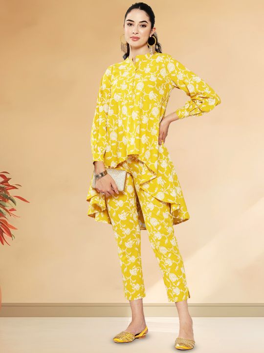 Floral Print Mustard Tunic and Pant Set