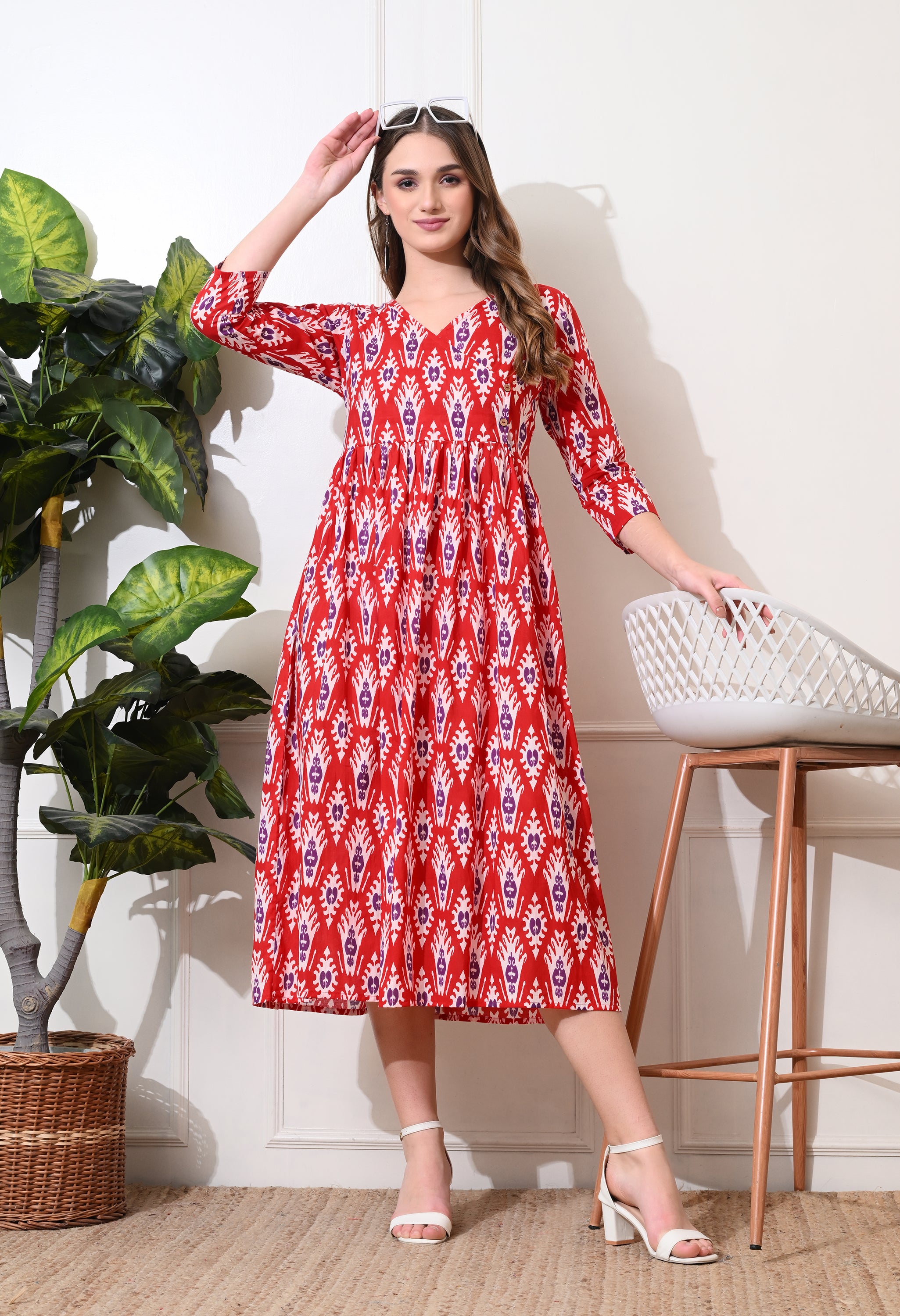 Red Printed V neck Midi Cotton Dress for Women
