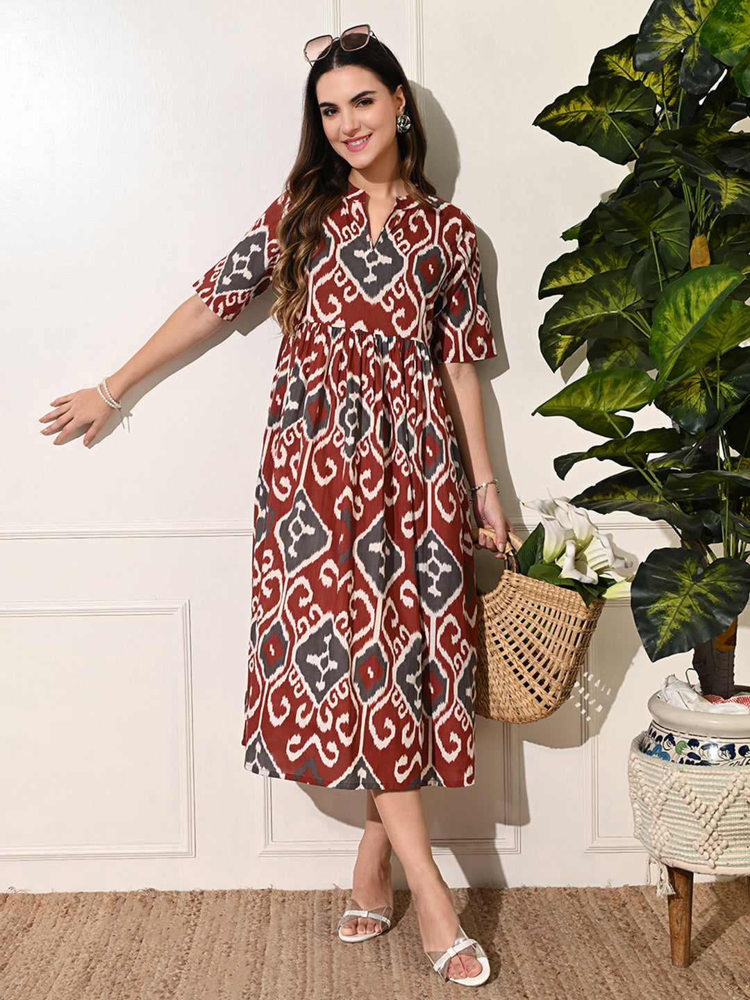 Brown Printed Band Collar Cotton Midi Dress for Women