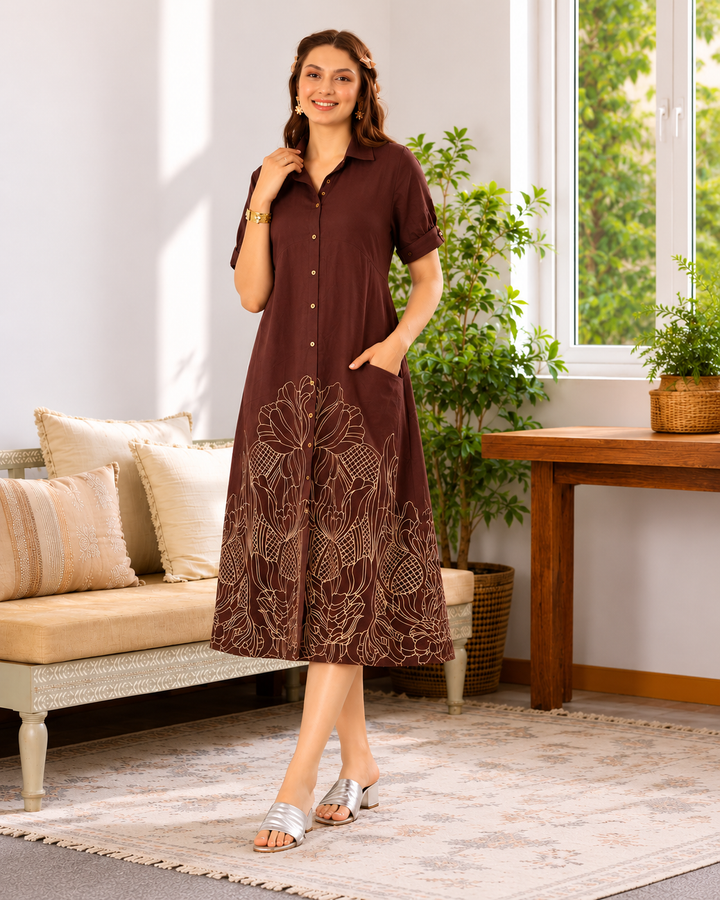 Women Brown Cotton Embroidered Shirt Collar A-Line Midi Dress
