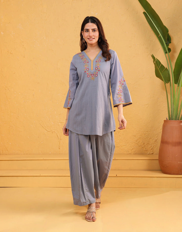 Custard Light Blue Floral Embroidered Kurta & Patiala Cotton Co-ord Set