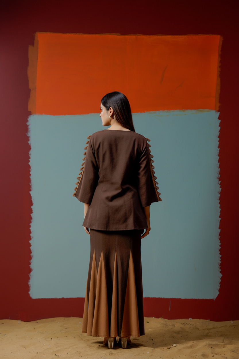 Cotton Brown Embroidered Top with Flared Palazzo Women Co-ord set