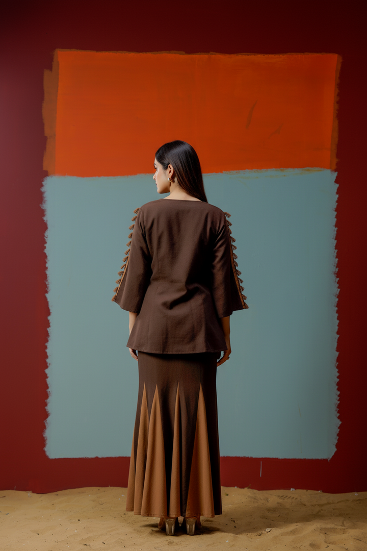 Cotton Brown Embroidered Top with Flared Palazzo Women Co-ord set
