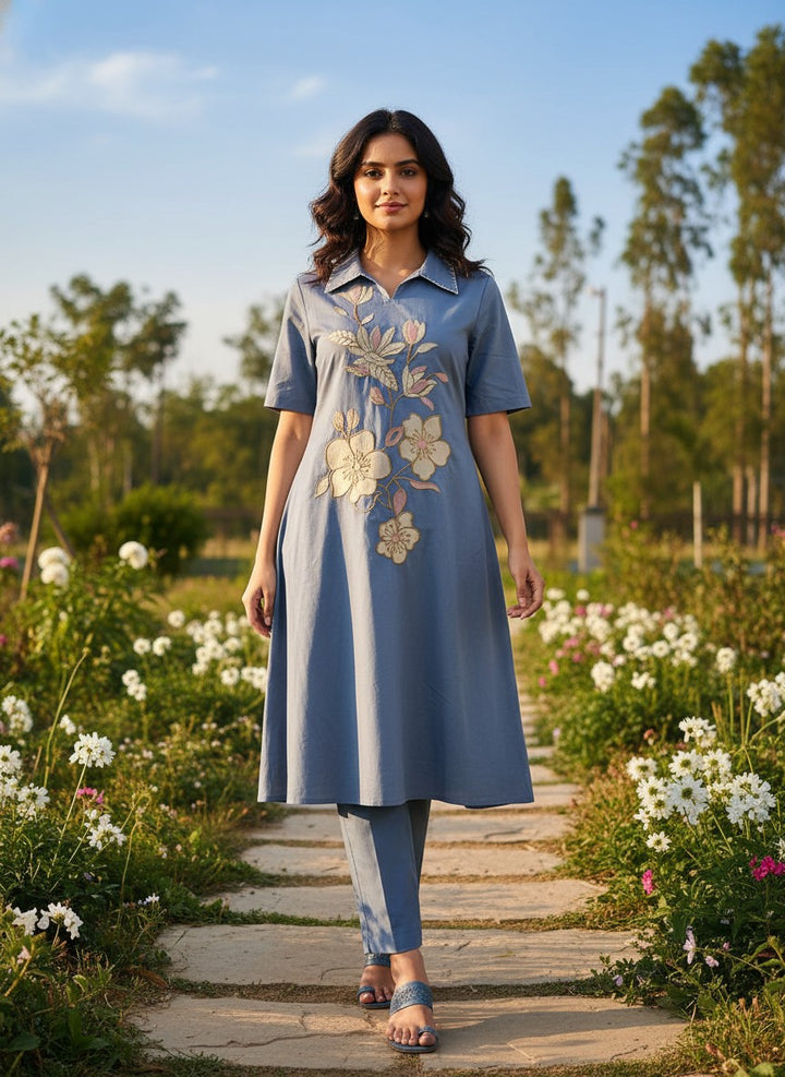 Custard Charm Blue Floral Embroidered Cotton  Kurta Set