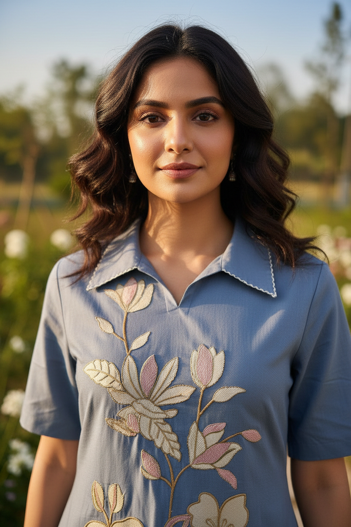 Custard Charm Blue Floral Embroidered Cotton  Kurta Set