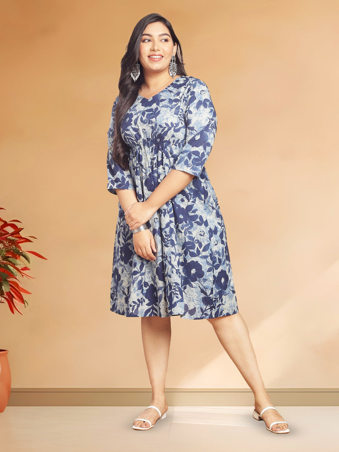 Plus Size Indigo Cotton Floral Gathered Midi Dress