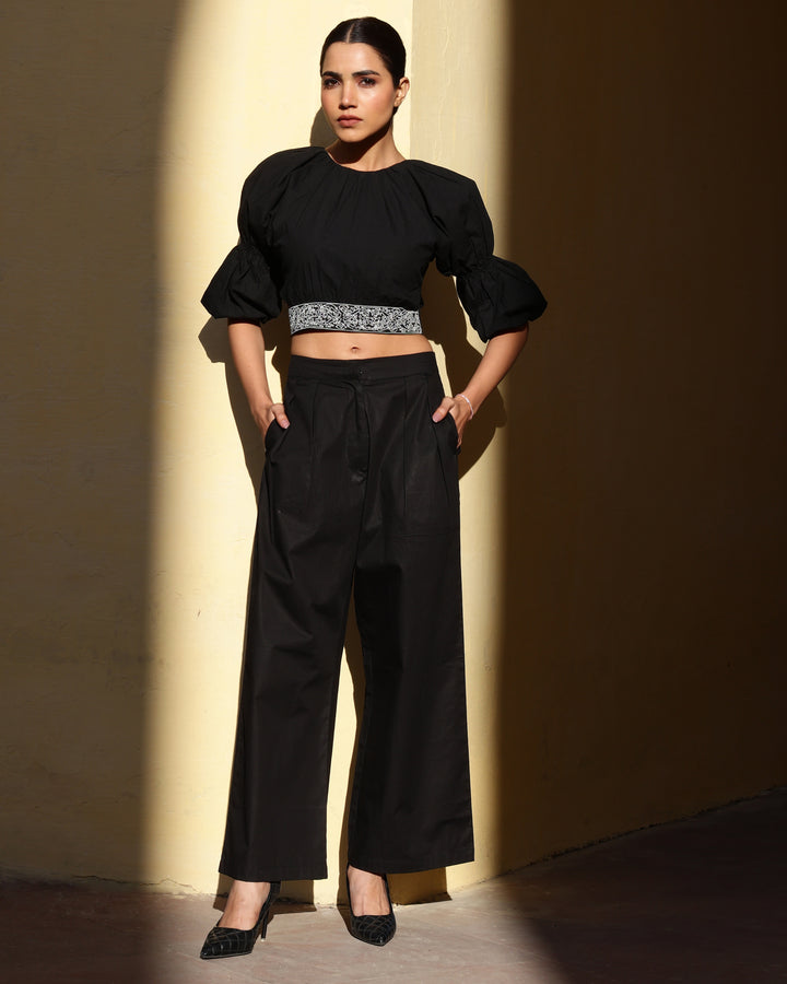 WOMEN SOLID BLACK CO-ORD SET (WITH PANTS & CROP TOP)