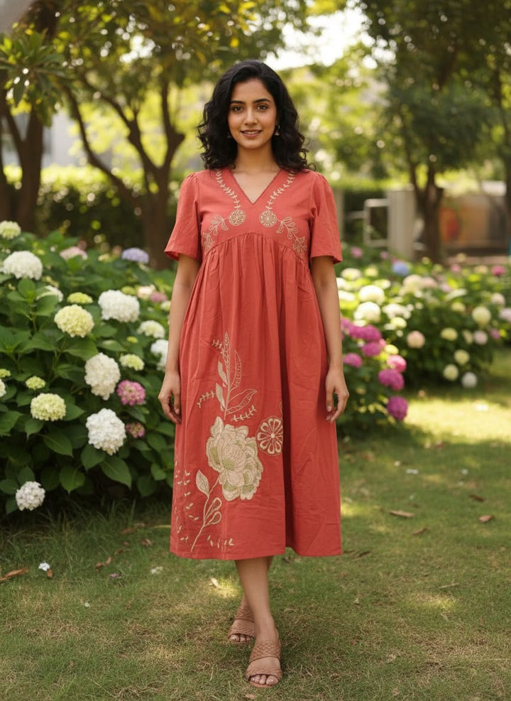 Custard Women's Rust Cotton Embroidered Midi Dress
