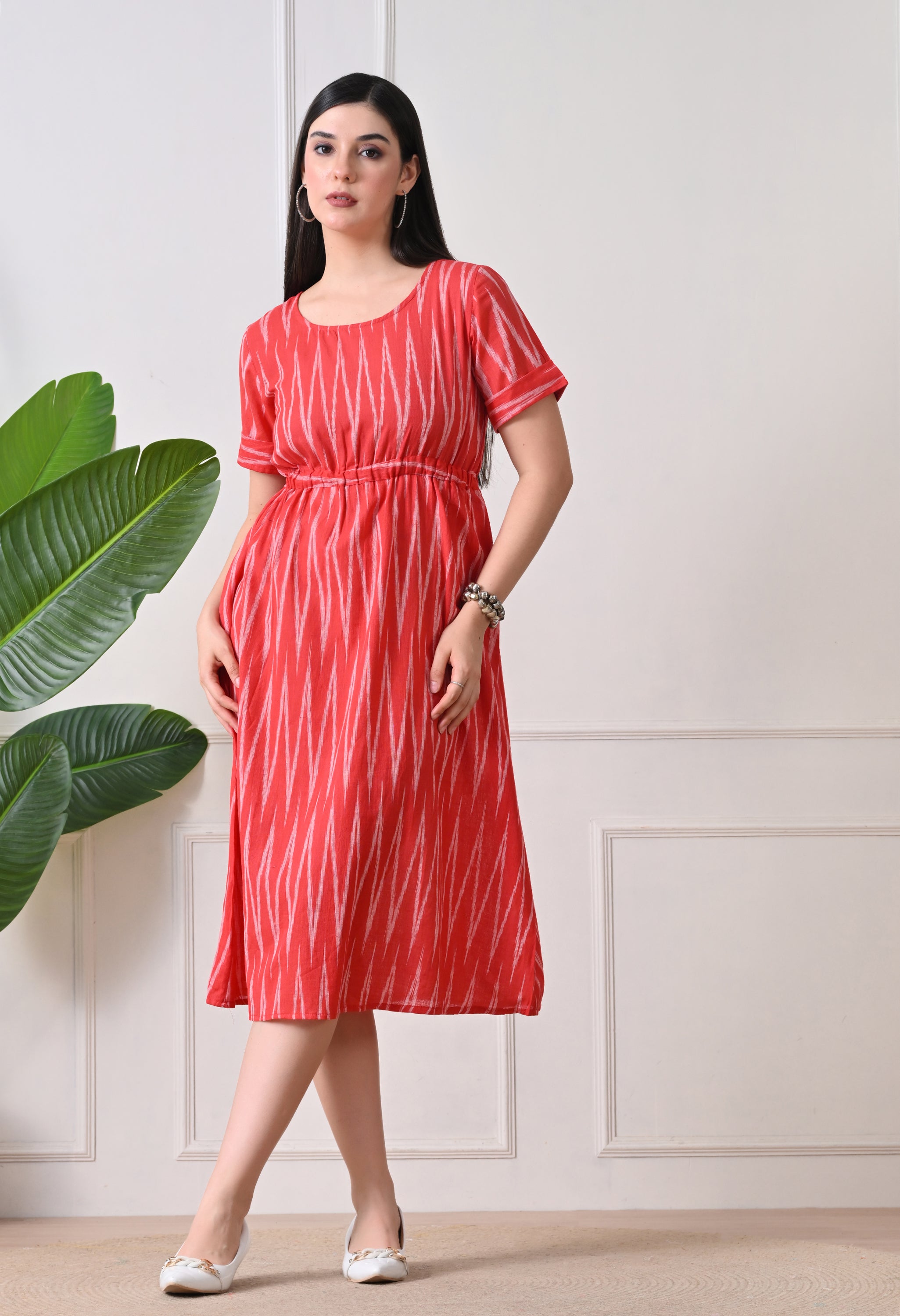 Orange Printed Round Neck Midi Cotton Dress for Women