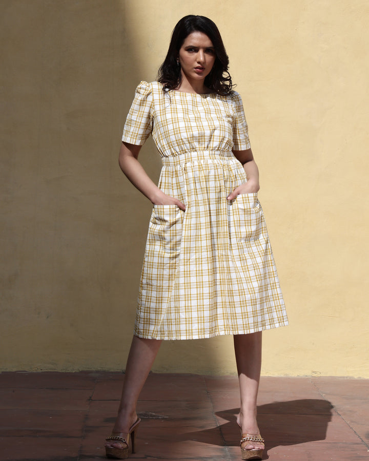 WOMEN COTTON MUSTARD & WHITE CHEQUER PLAID A LINE DRESS