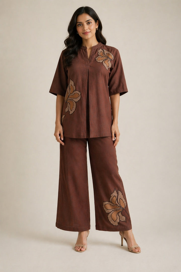 Custard Chocolate Brown Floral Embroidered Flex Co-ord Set