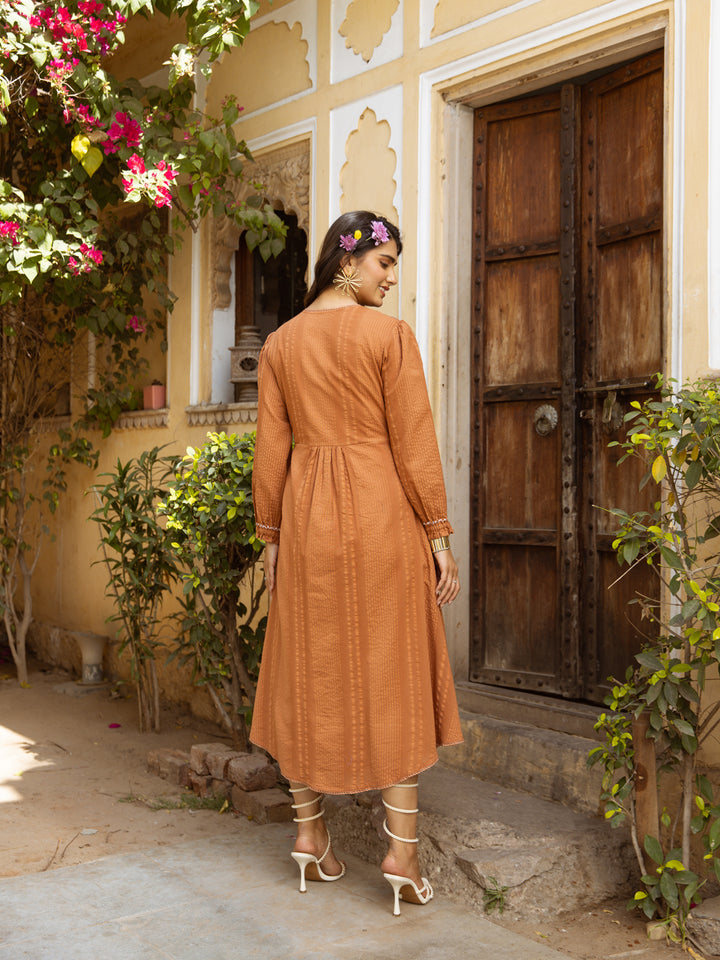 Women's Orange Cotton Embroidered Midi Western Dress